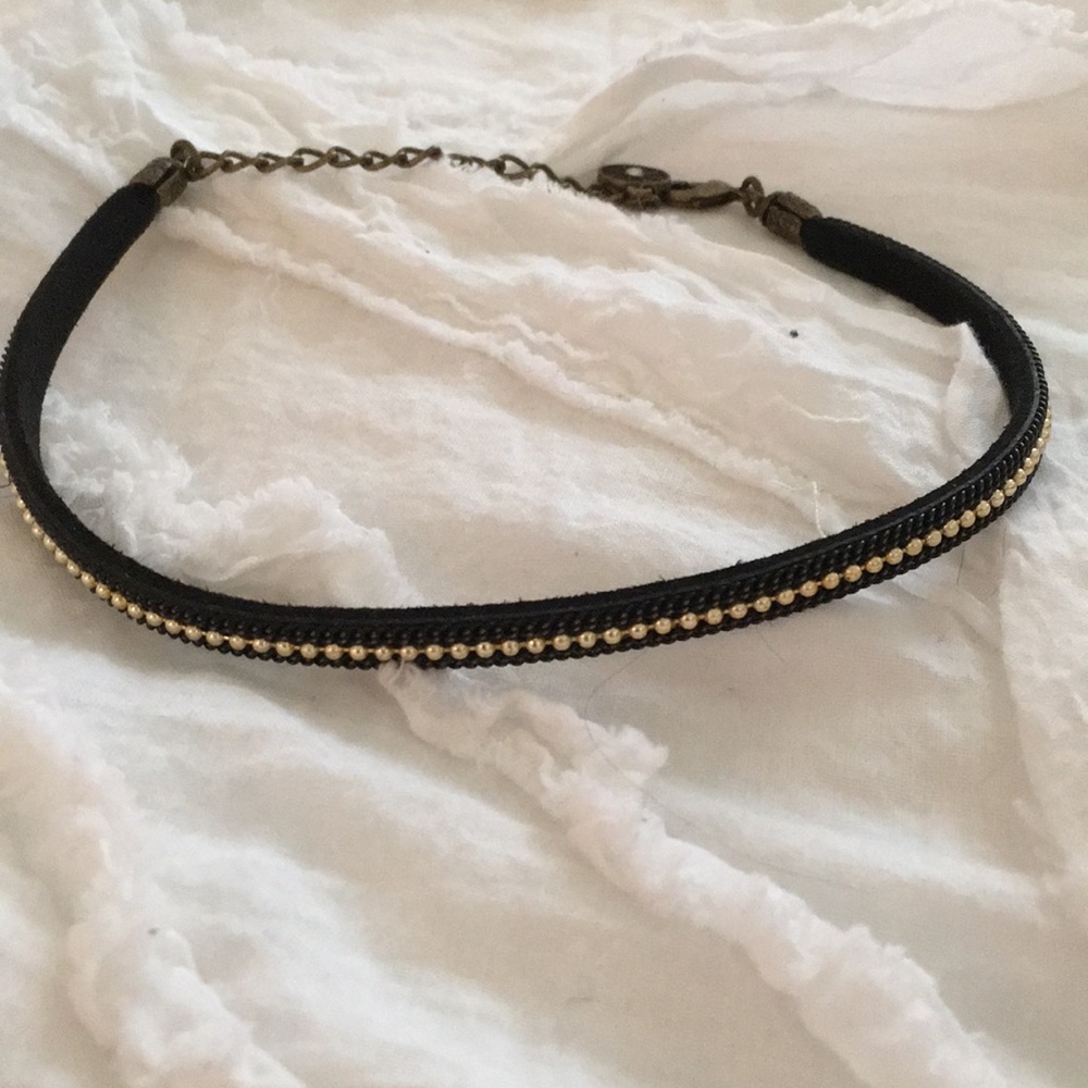 Leather Choker black with gold beading adjustable
